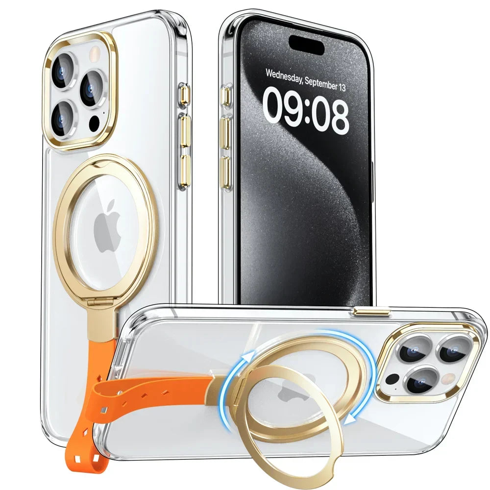 Clear iPhone case with rotating magnetic grip ring