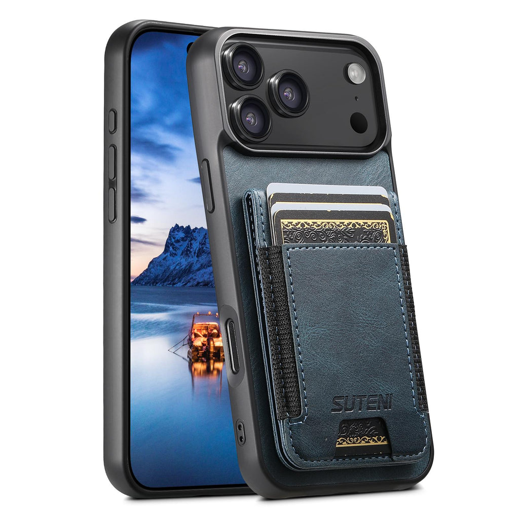 Leather wallet stand back phone case for iPhone 17 / 16 / 15 / 14, blue