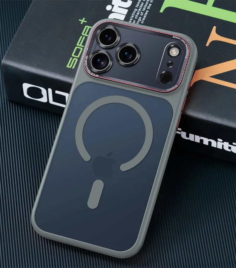 Magnetic iPhone case with camera lens protection, gray