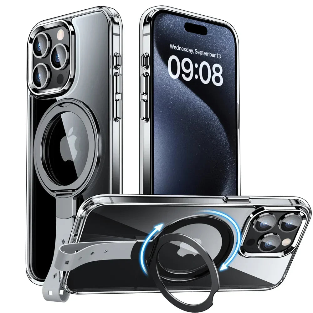 Clear iPhone case with rotating magnetic grip ring