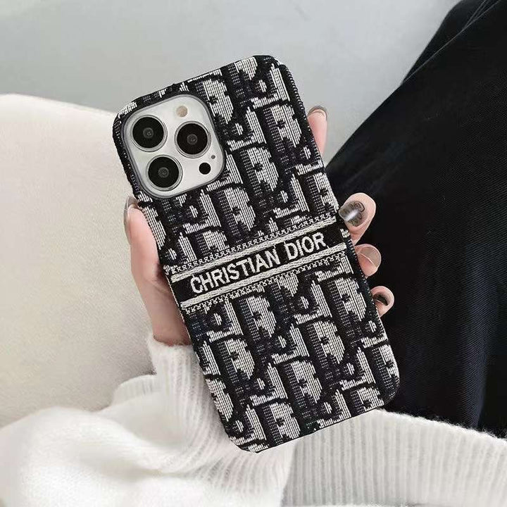Dior-inspired patterned iPhone case with contrast lettering band, black