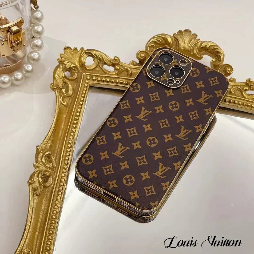 Louis Vuitton-inspired brown monogram iPhone case with emblem