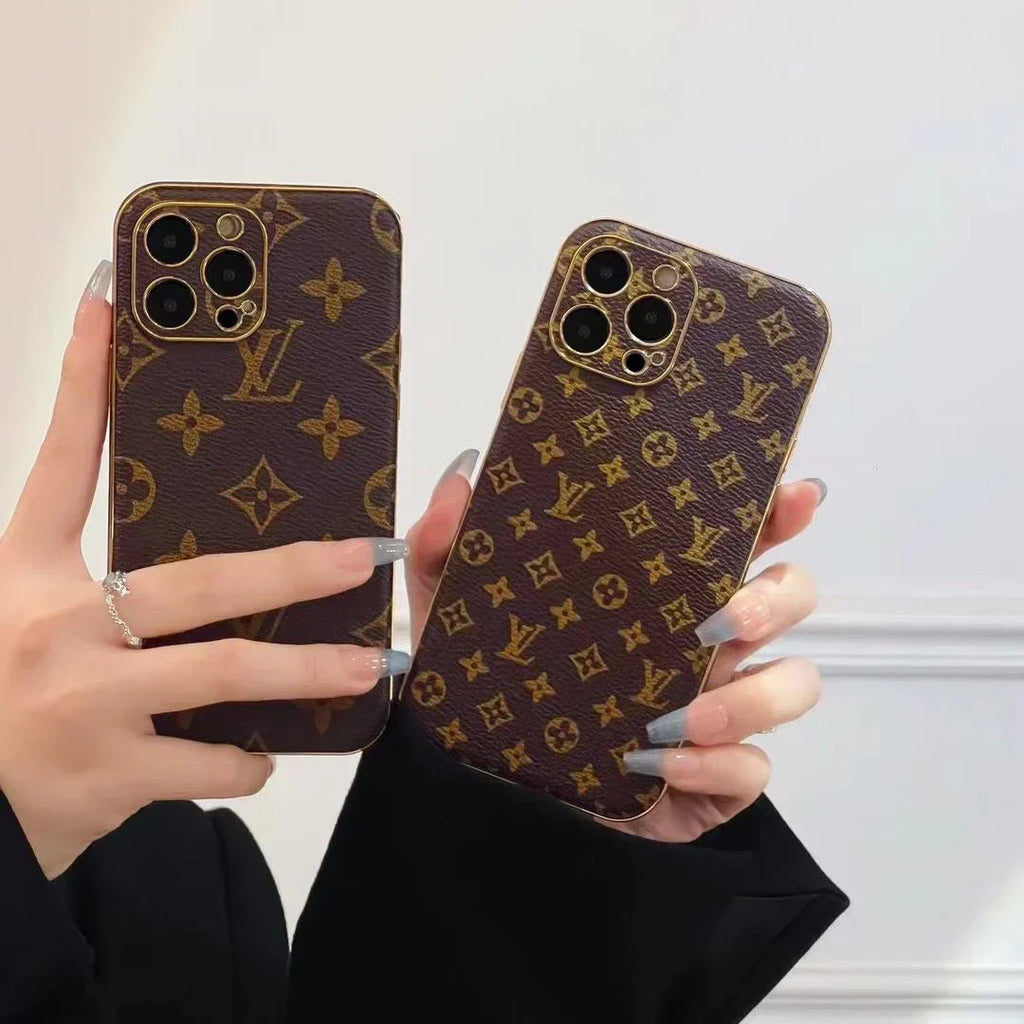 Louis Vuitton-inspired brown monogram iPhone case with emblem