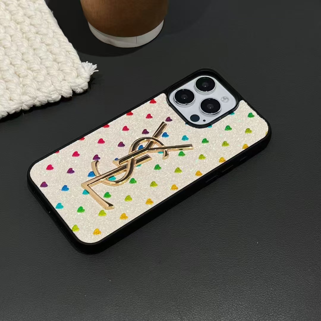 YSL-inspired glitter iPhone case with metal emblem