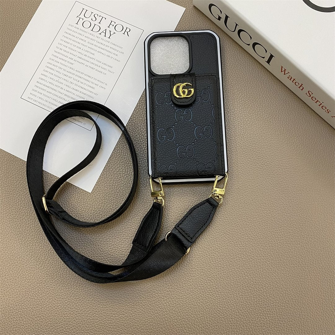 Leather iPhone case with button card holder and cord