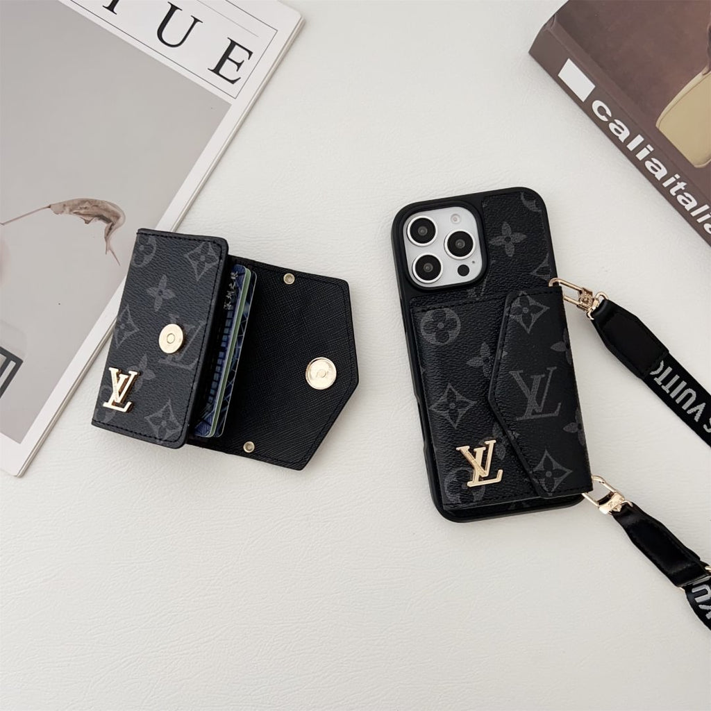 Canvas and leather crossbody iPhone case with accordion card holder