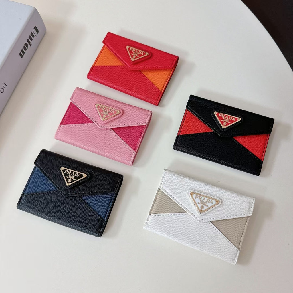 Prada-inspired two-tone envelope card wallet with triangle detail