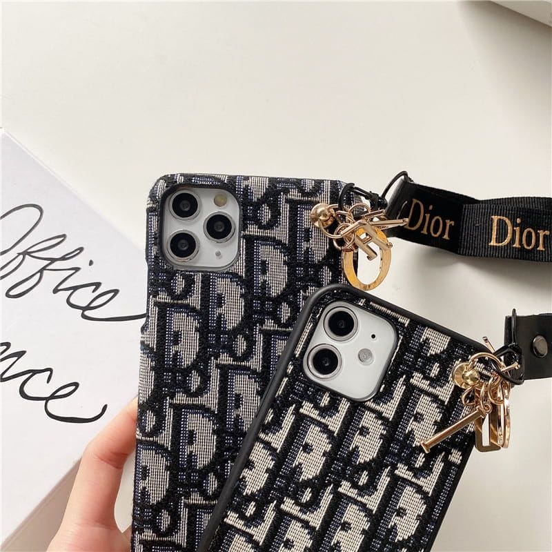 Dior-inspired all-over pattern phone case with hand strap