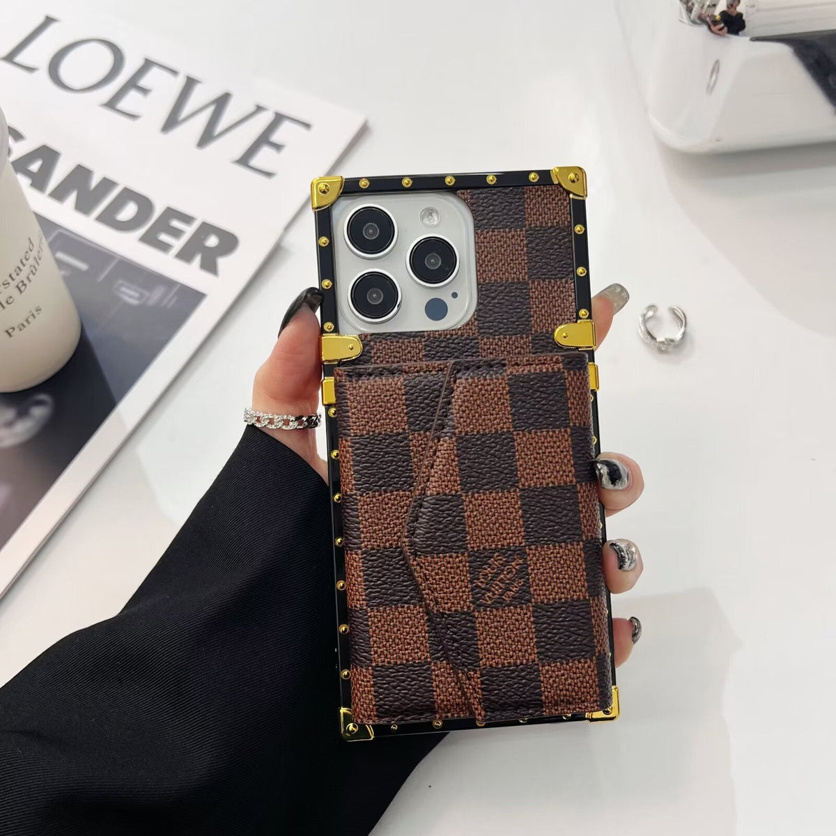 Louis Vuitton-inspired leather monogram iPhone case with card holder