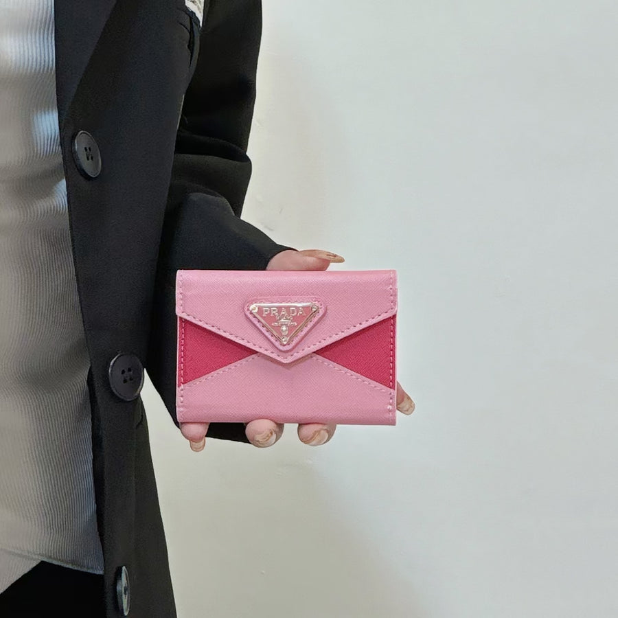 Prada-inspired two-tone envelope card wallet with triangle detail
