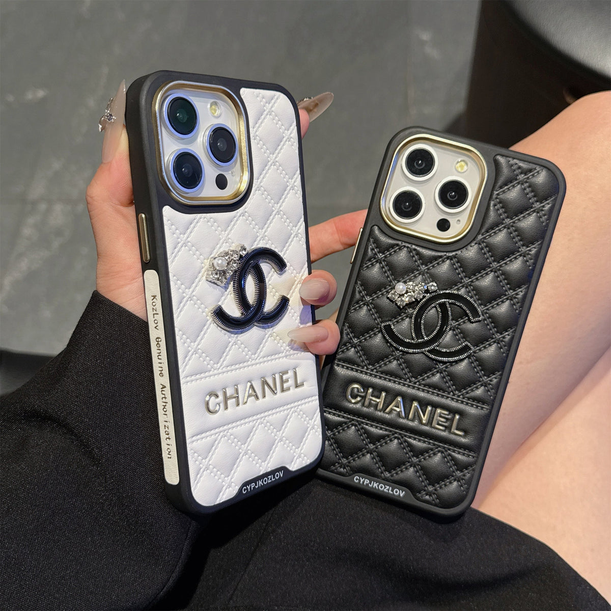 Chanel-inspired quilted iPhone case with sparkling emblem