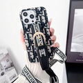 Dior-inspired lady phone case with lanyard for iPhone, black