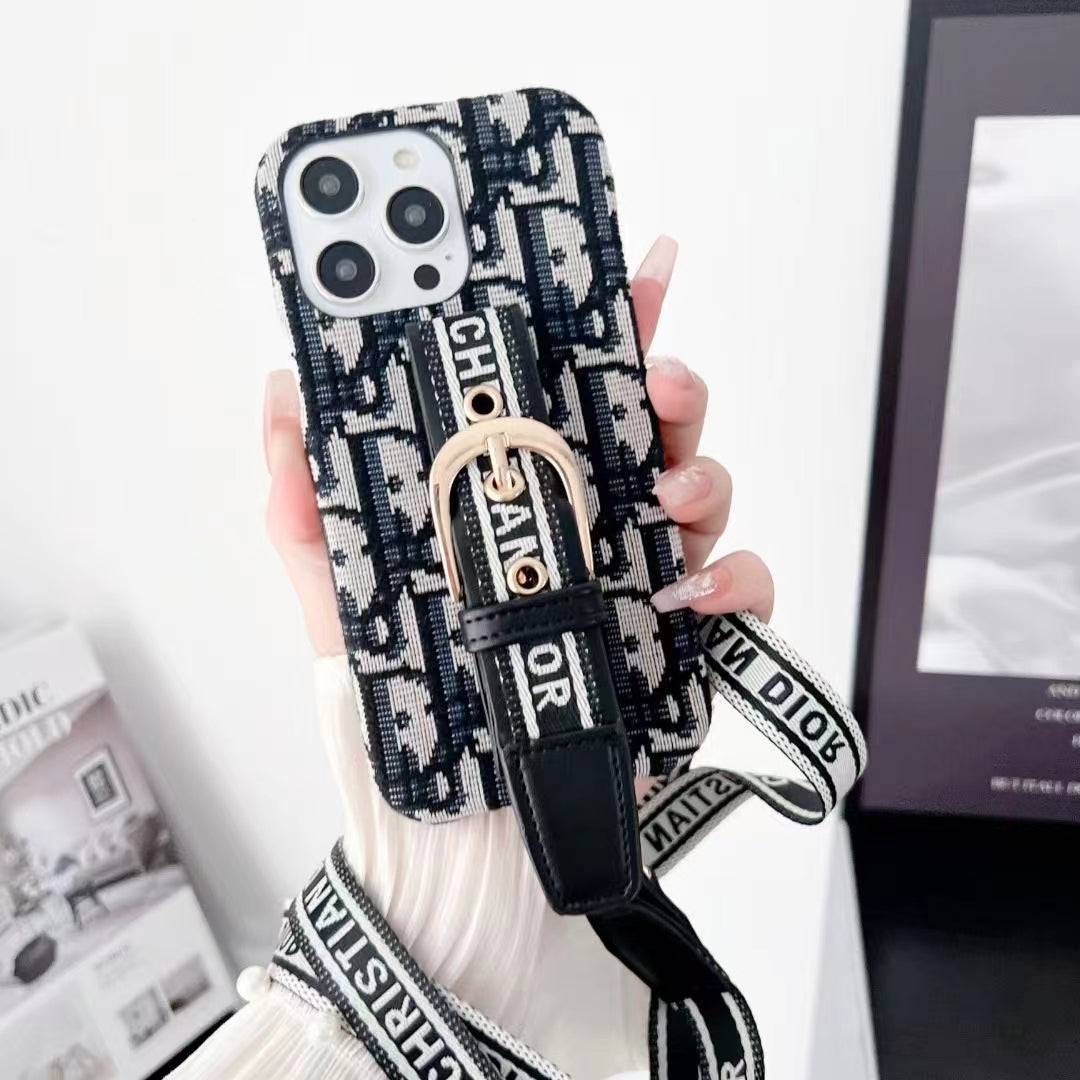 Dior-inspired lady phone case with lanyard for iPhone, black