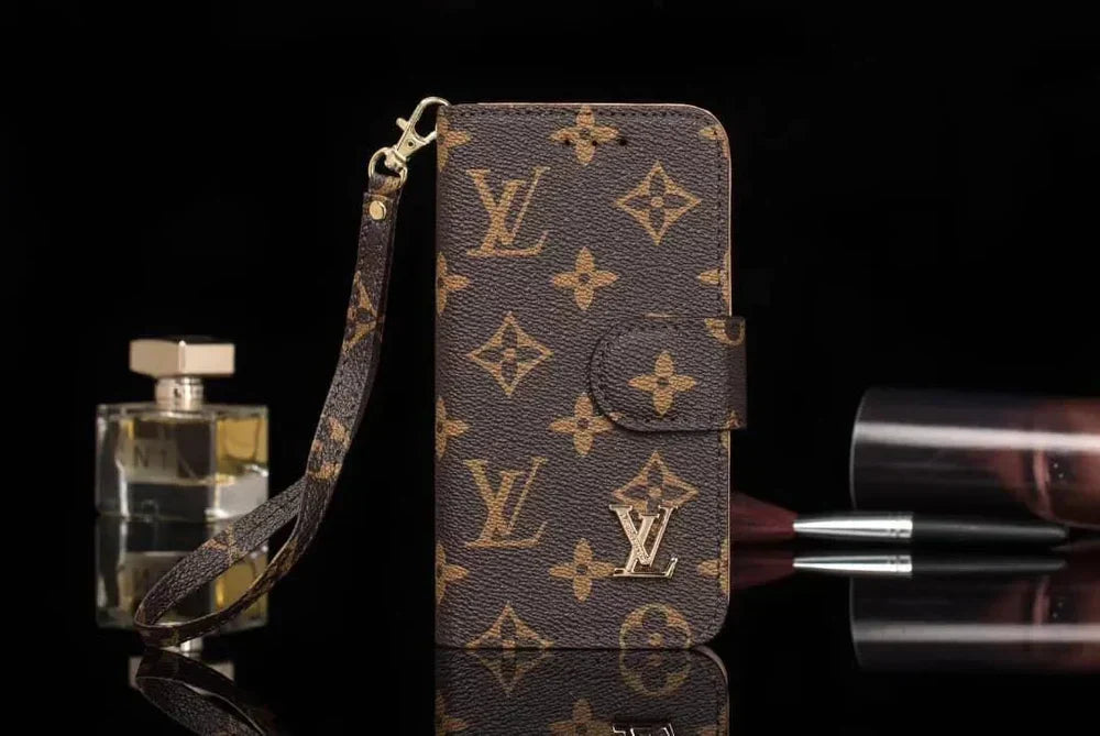 Louis Vuitton-inspired monogram flip wallet case for iPhone, leather brown