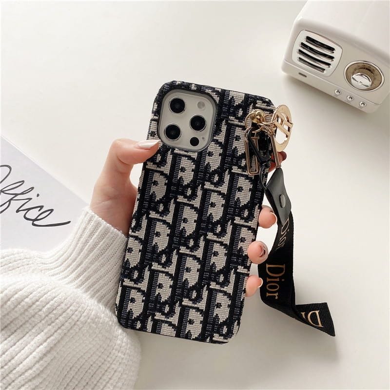 Dior-inspired all-over pattern phone case with hand strap