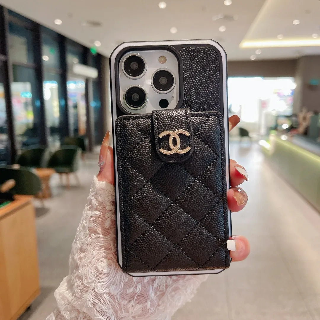 Chanel-inspired quilted card pocket case for iPhone 16 Pro Max, black