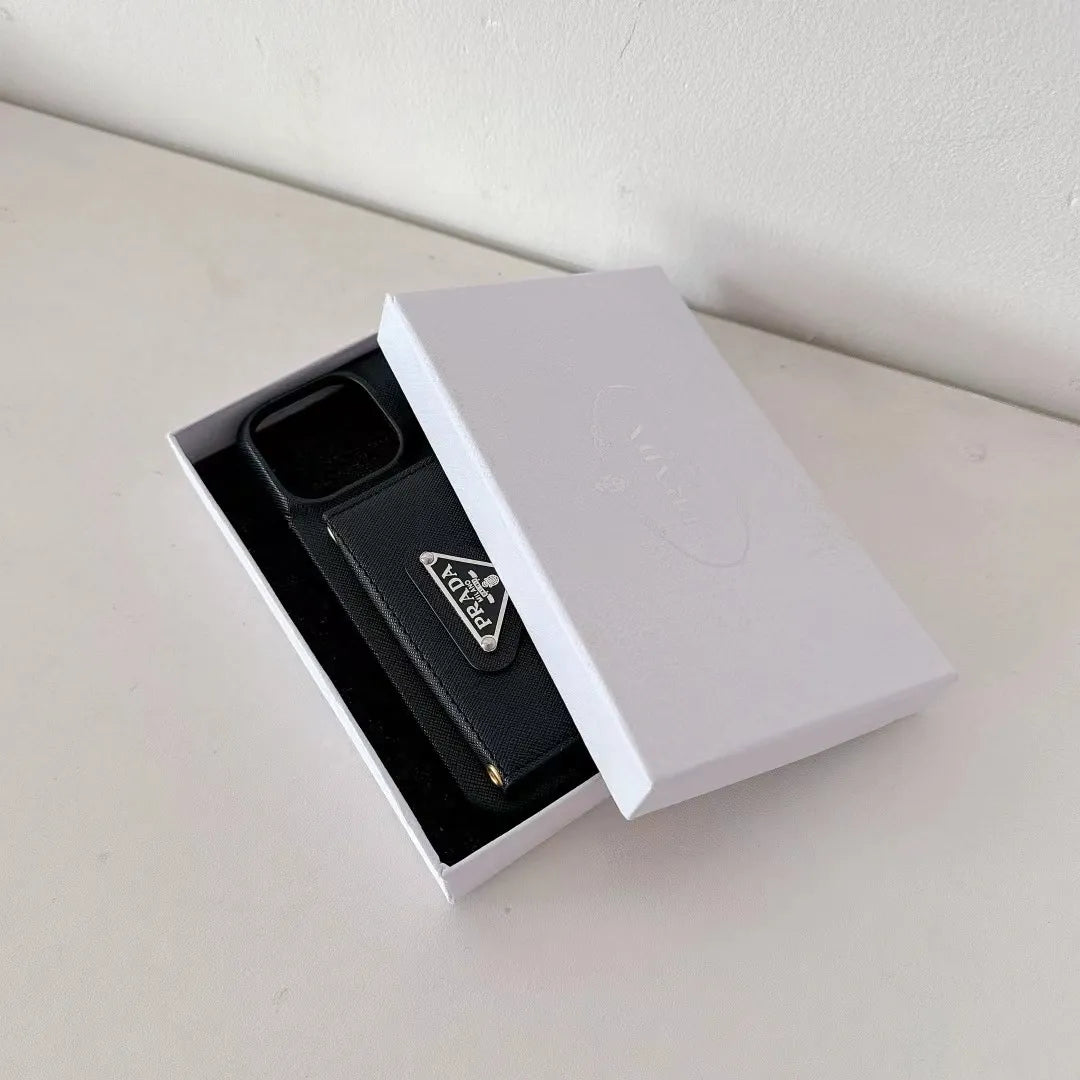 Prada-inspired iPhone 17 Pro Max case with triangle card pocket