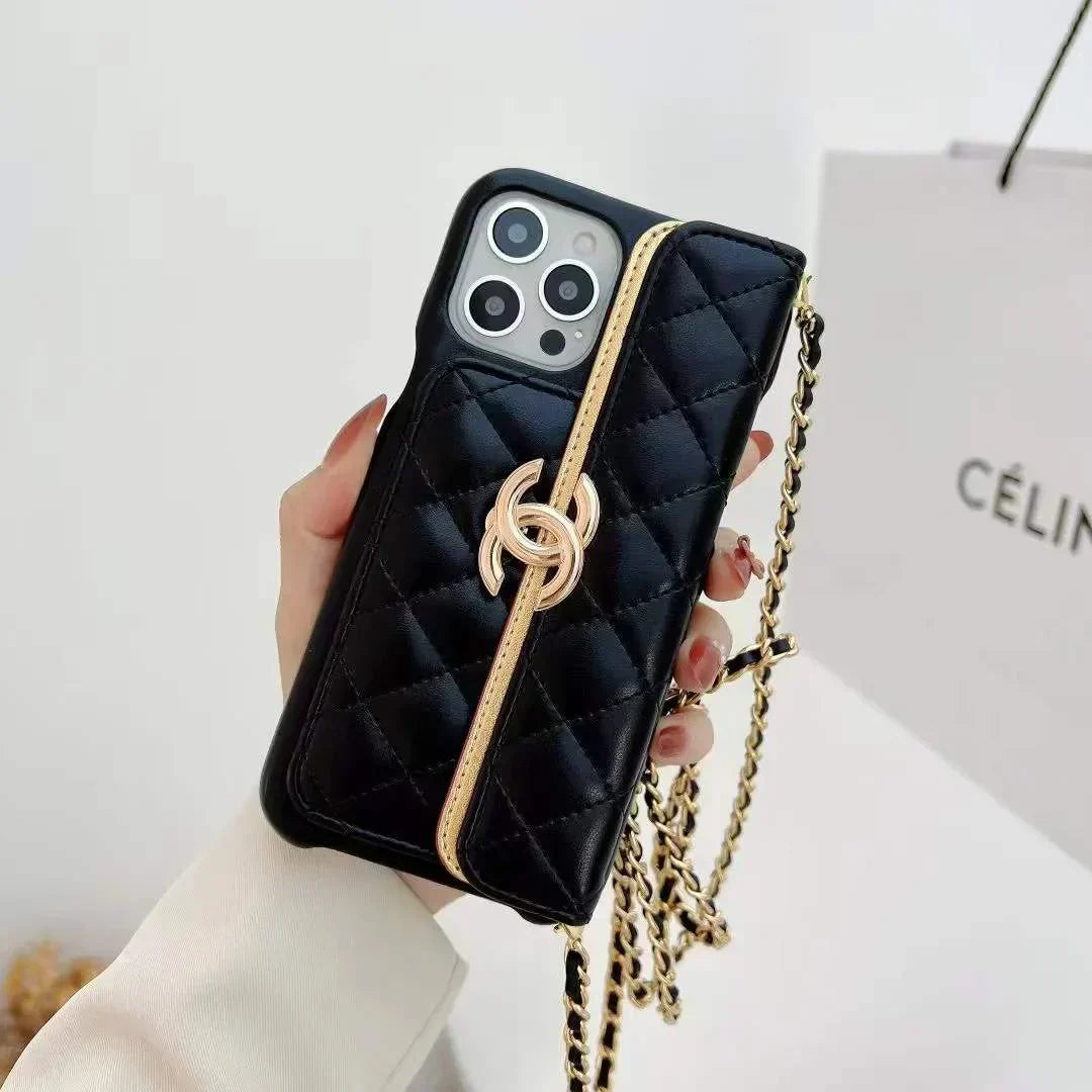 Chanel-inspired phone holder with chain and metal detail