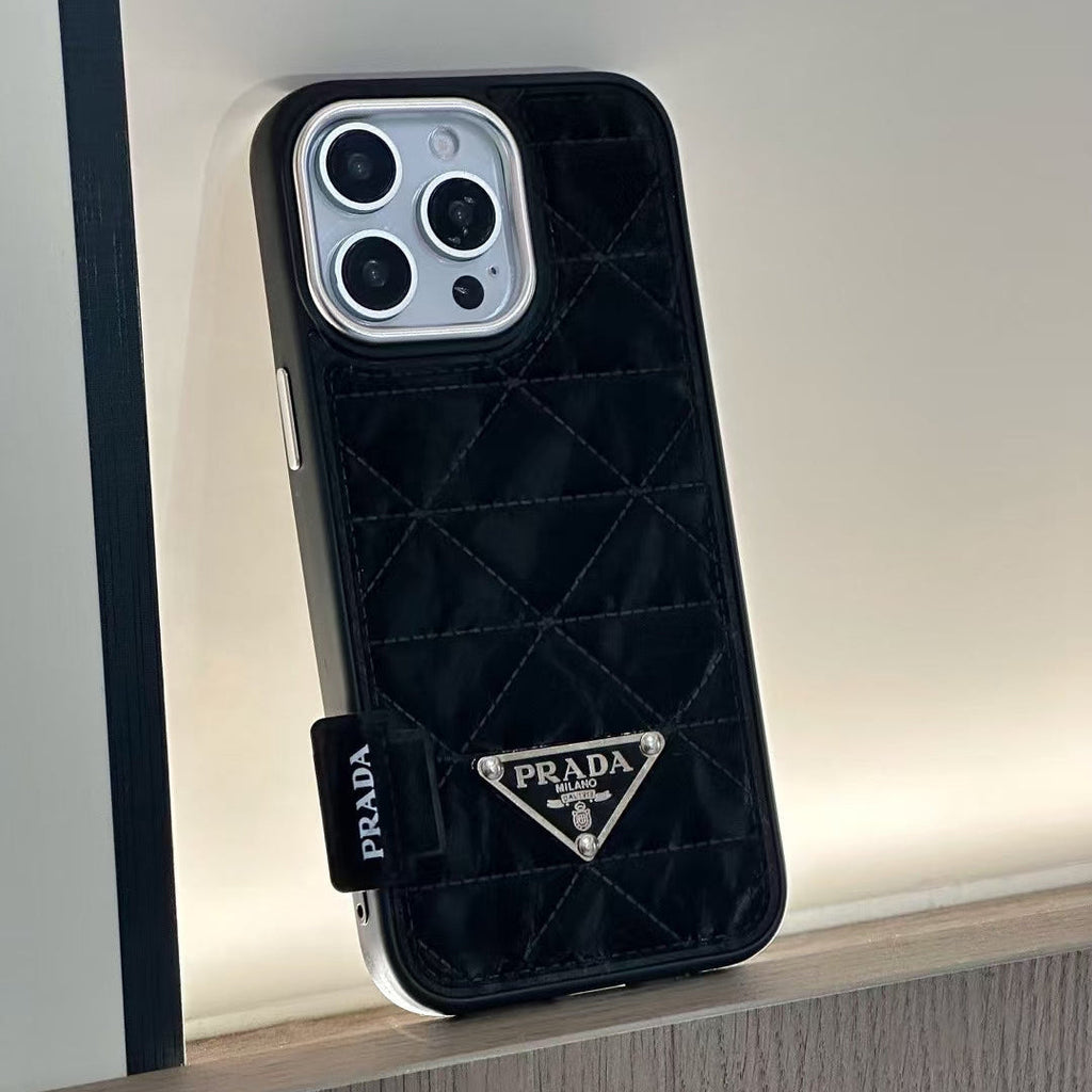 Prada-inspired quilted leather phone case with triangle pocket, black