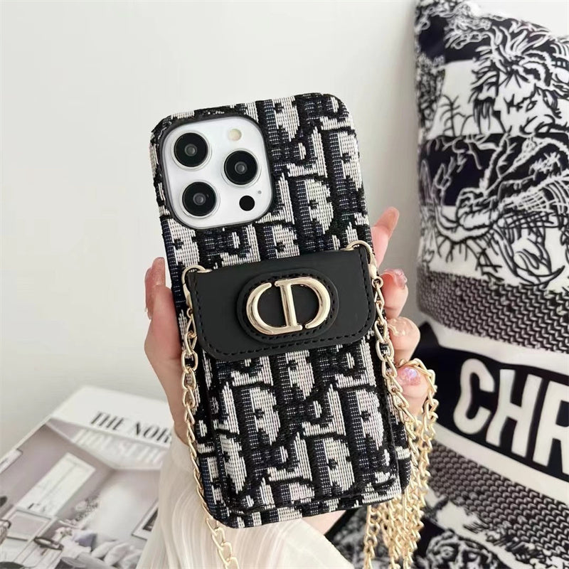Dior-inspired women's iPhone case with card holder and chain