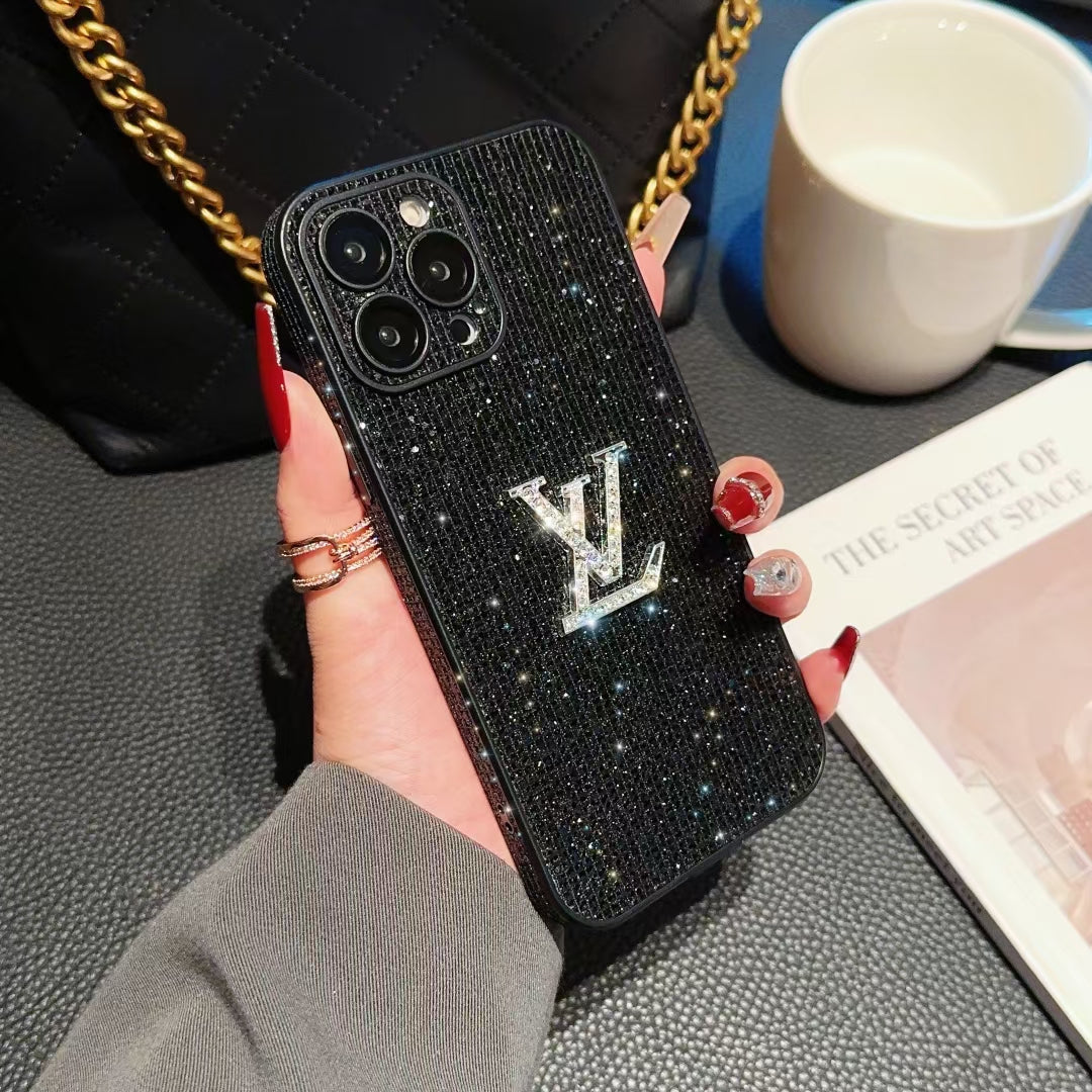 Louis Vuitton-inspired glitter phone case with emblem detail
