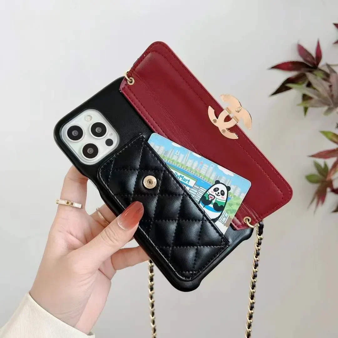 Chanel-inspired phone holder with chain and metal detail