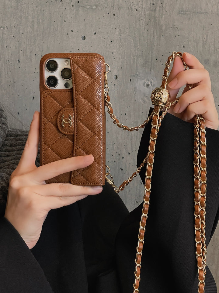 Chanel-inspired wallet crossbody chain iPhone case