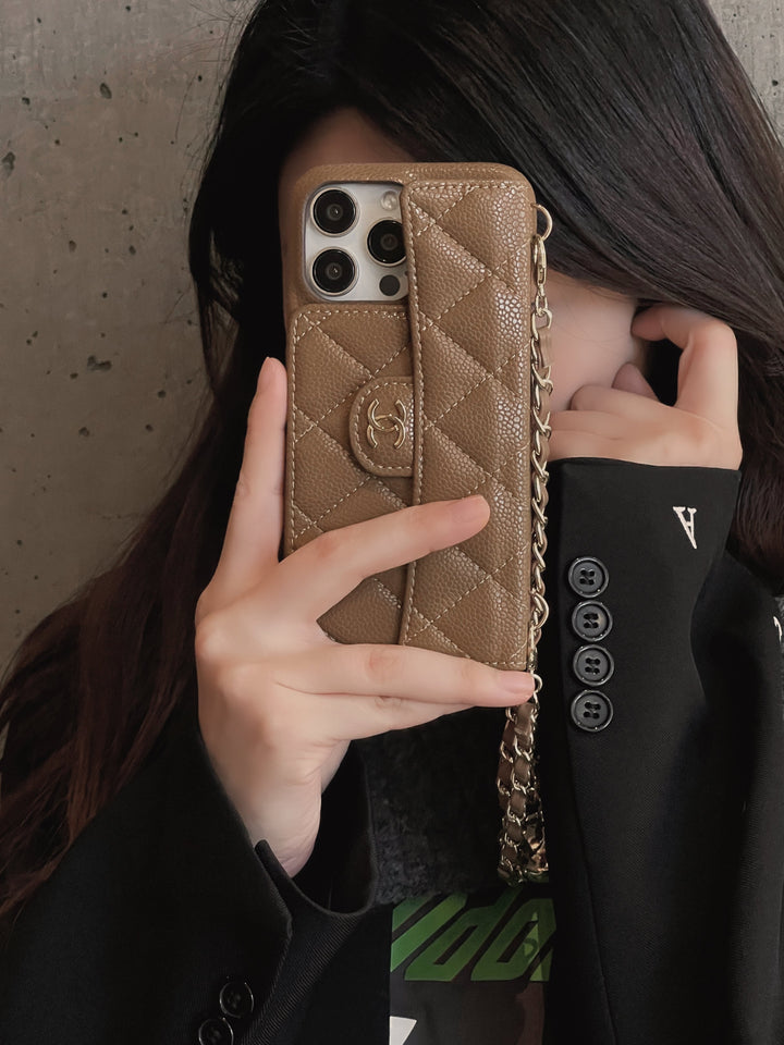 Chanel-inspired wallet crossbody chain iPhone case