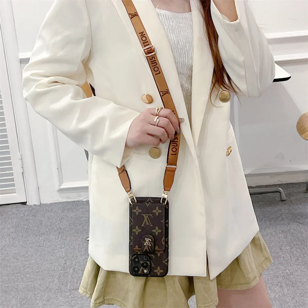Louis Vuitton-inspired phone monogram case with strap for iPhone 17 / 16 / 15 / 14
