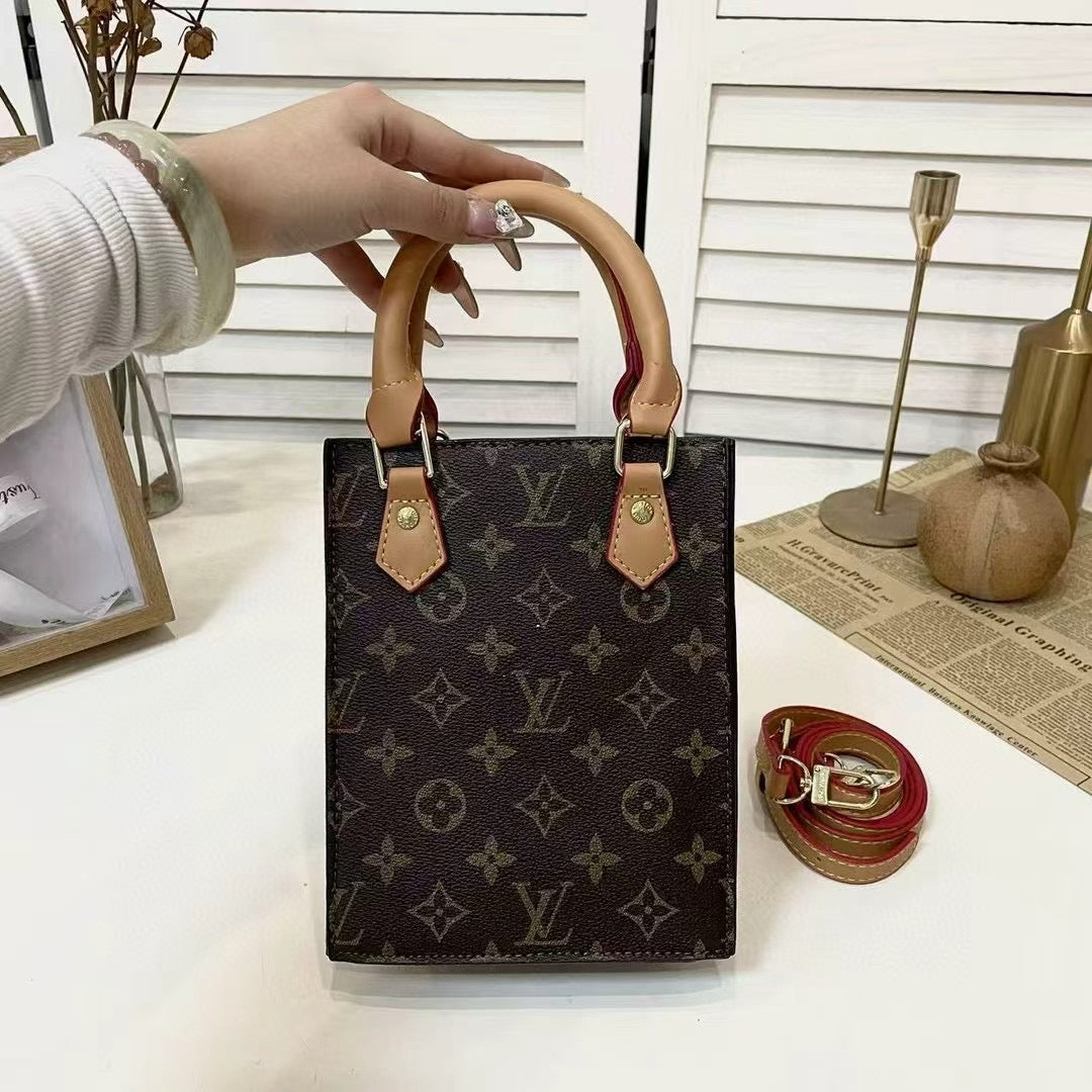 Louis Vuitton-inspired monogram mini tote bag with crossbody strap