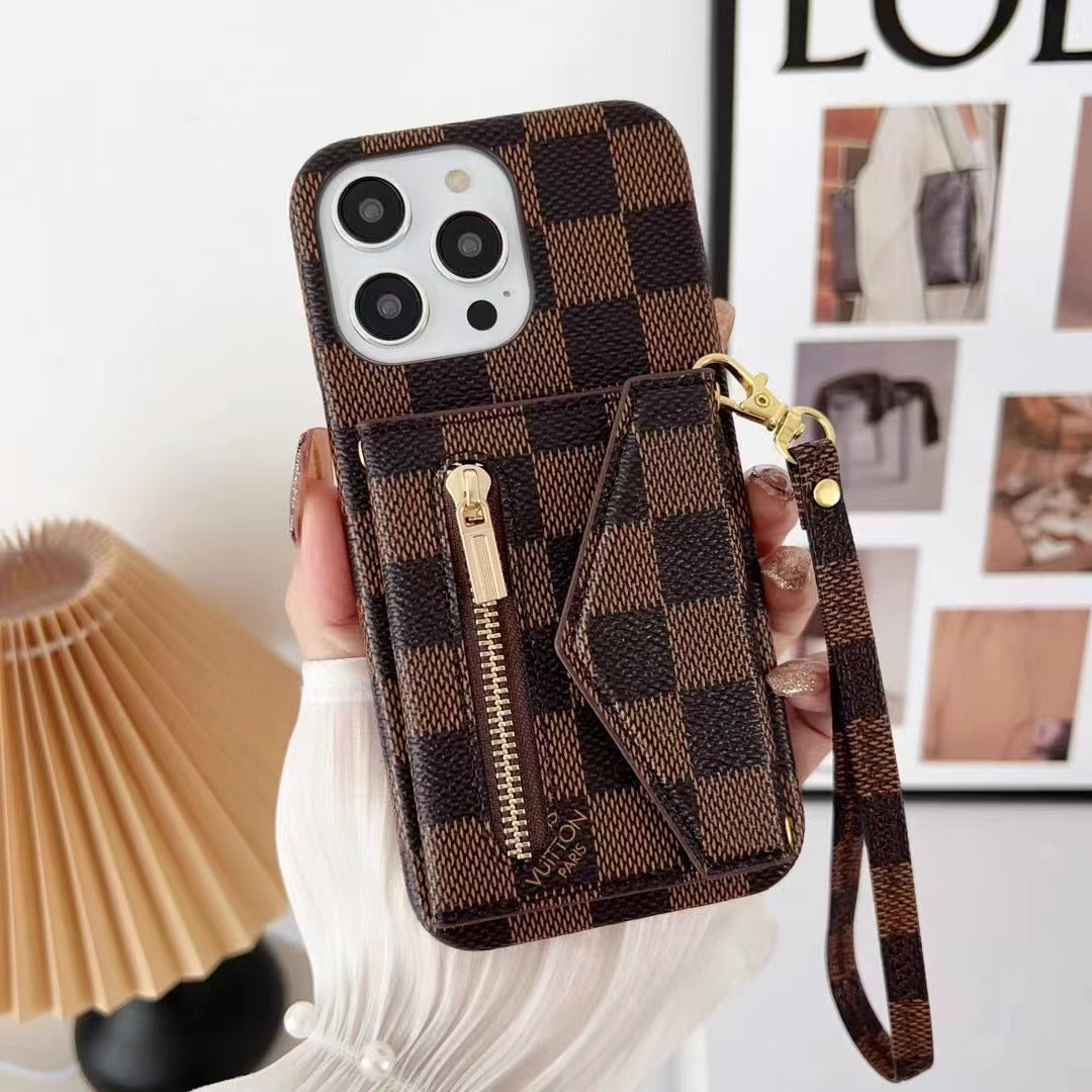 Louis Vuitton-inspired monogram wallet phone case with zip pocket