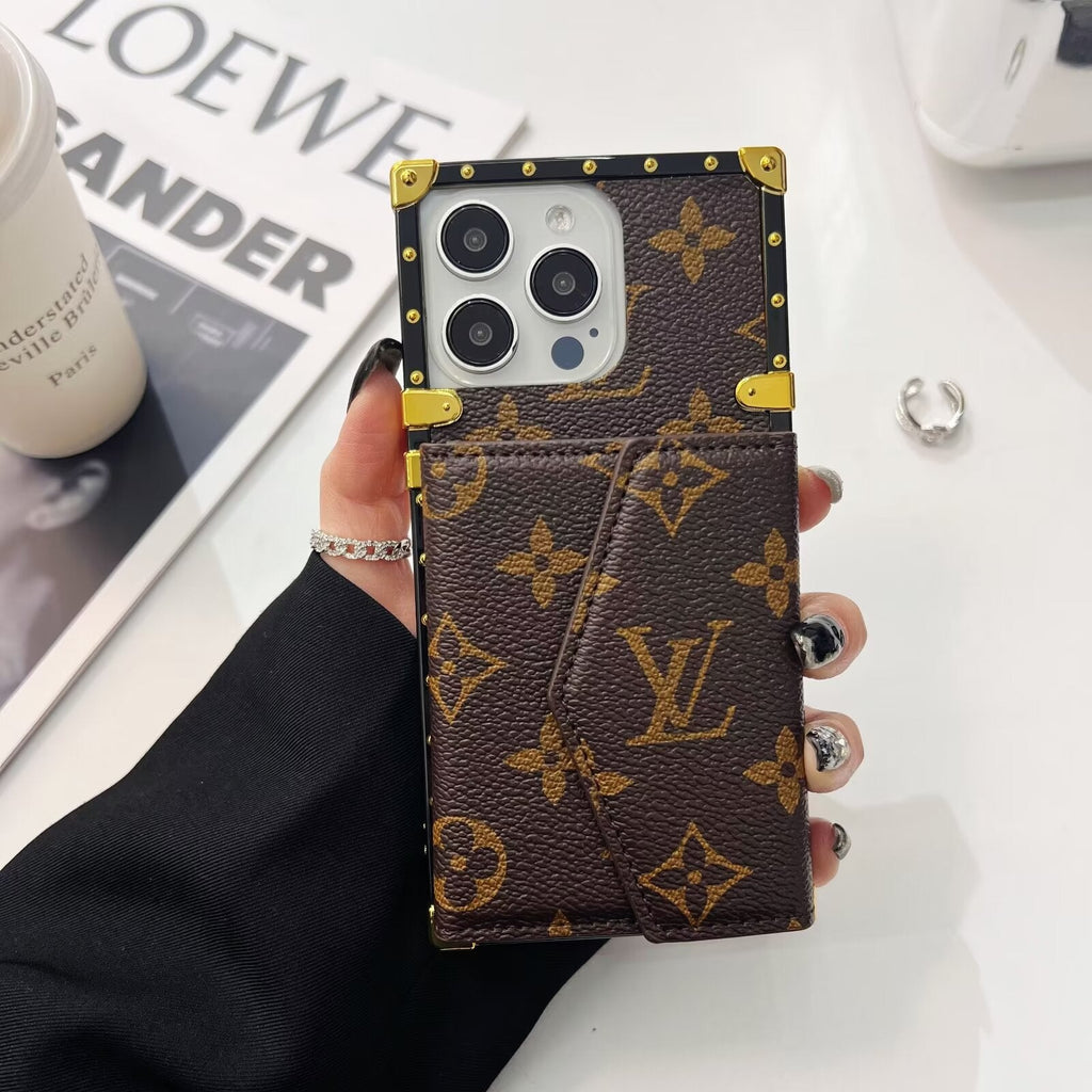 Louis Vuitton-inspired leather monogram iPhone case with card holder, brown monogram