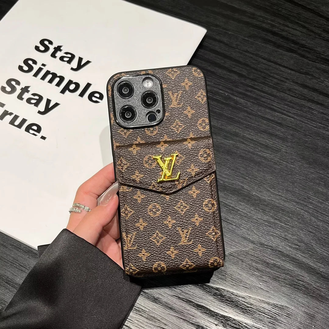 Louis Vuitton-inspired card holder canvas leather iPhone case, small brown monogram