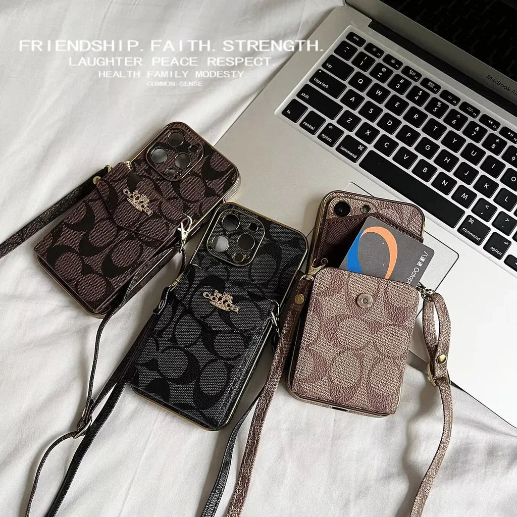 Coach-inspired logo accordion card holder leather crossbody iPhone case