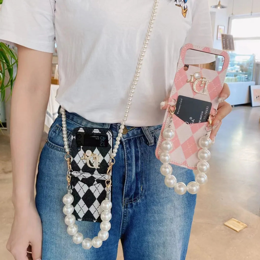 Dior-inspired argyle Samsung z flip 3 case with pearl trim