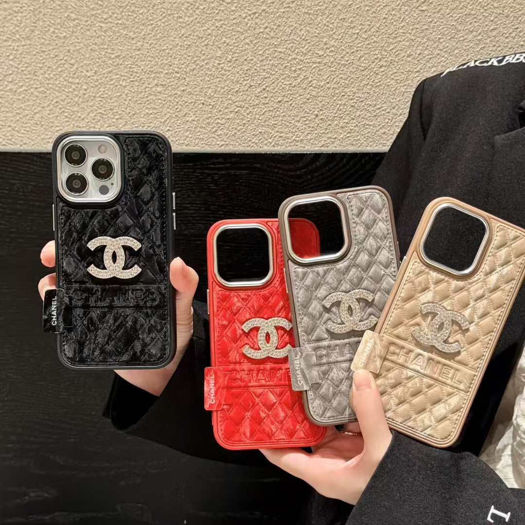 Chanel-inspired textured iPhone 16 Pro case with emblem