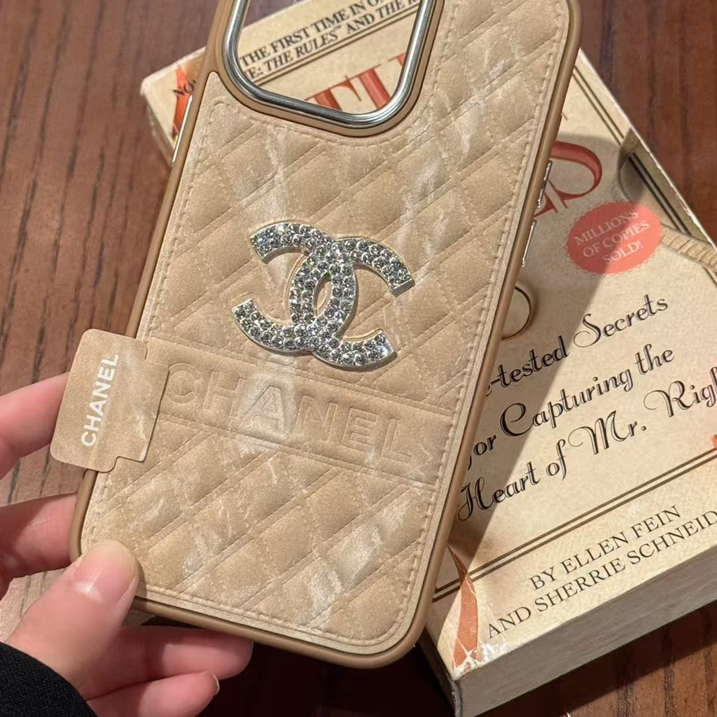Chanel-inspired textured iPhone 16 Pro case with emblem