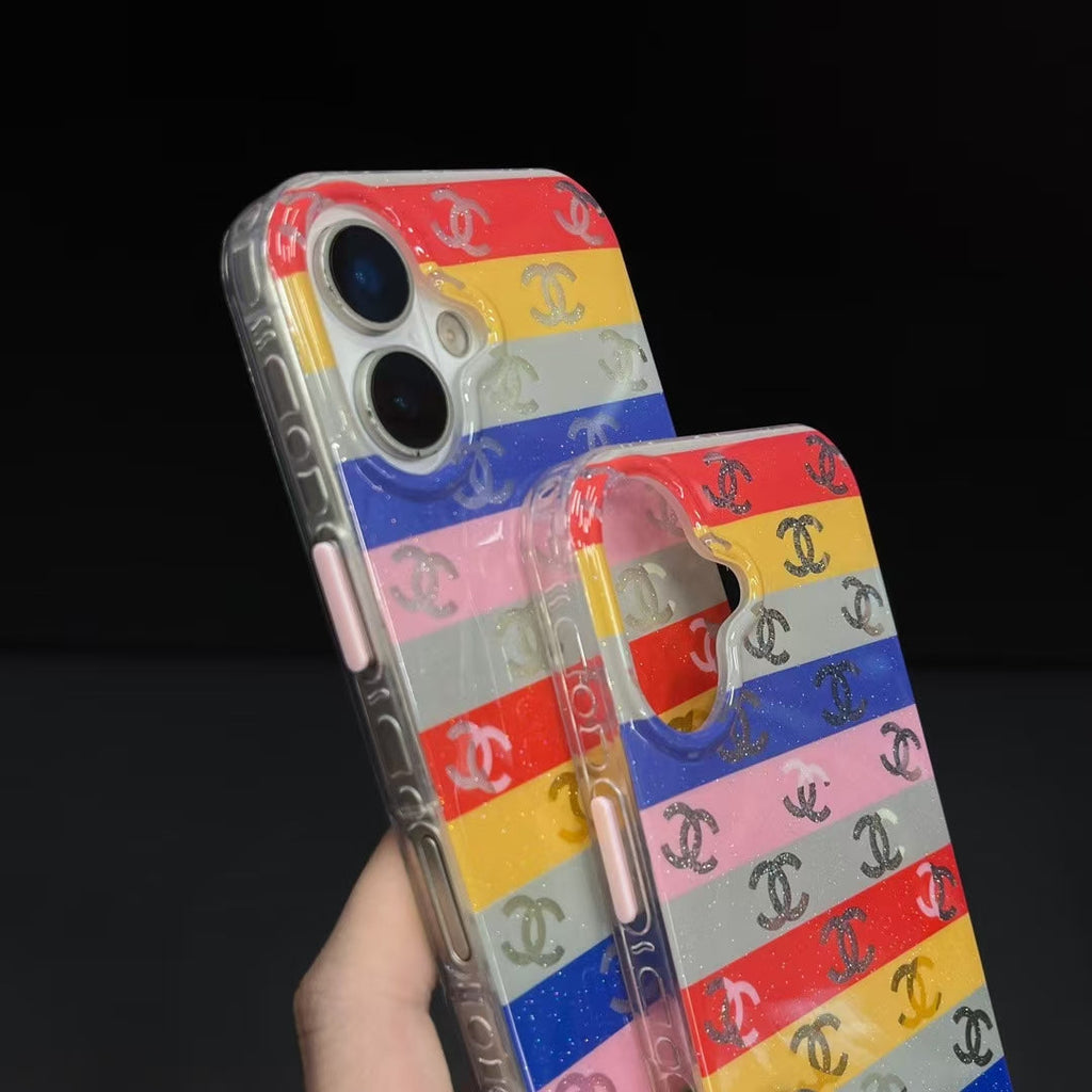 Chanel-inspired rainbow stripe iPhone 16 case