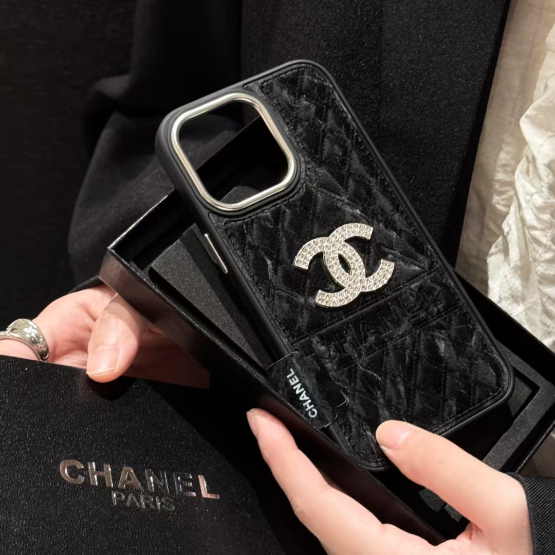 Chanel-inspired textured iPhone 16 Pro case with emblem