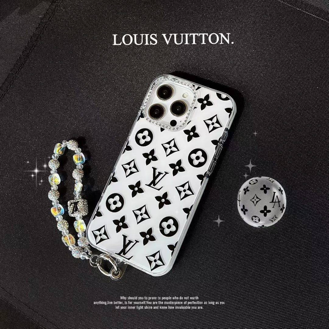 Louis Vuitton-inspired monogram iPhone 16 case with pearl detail