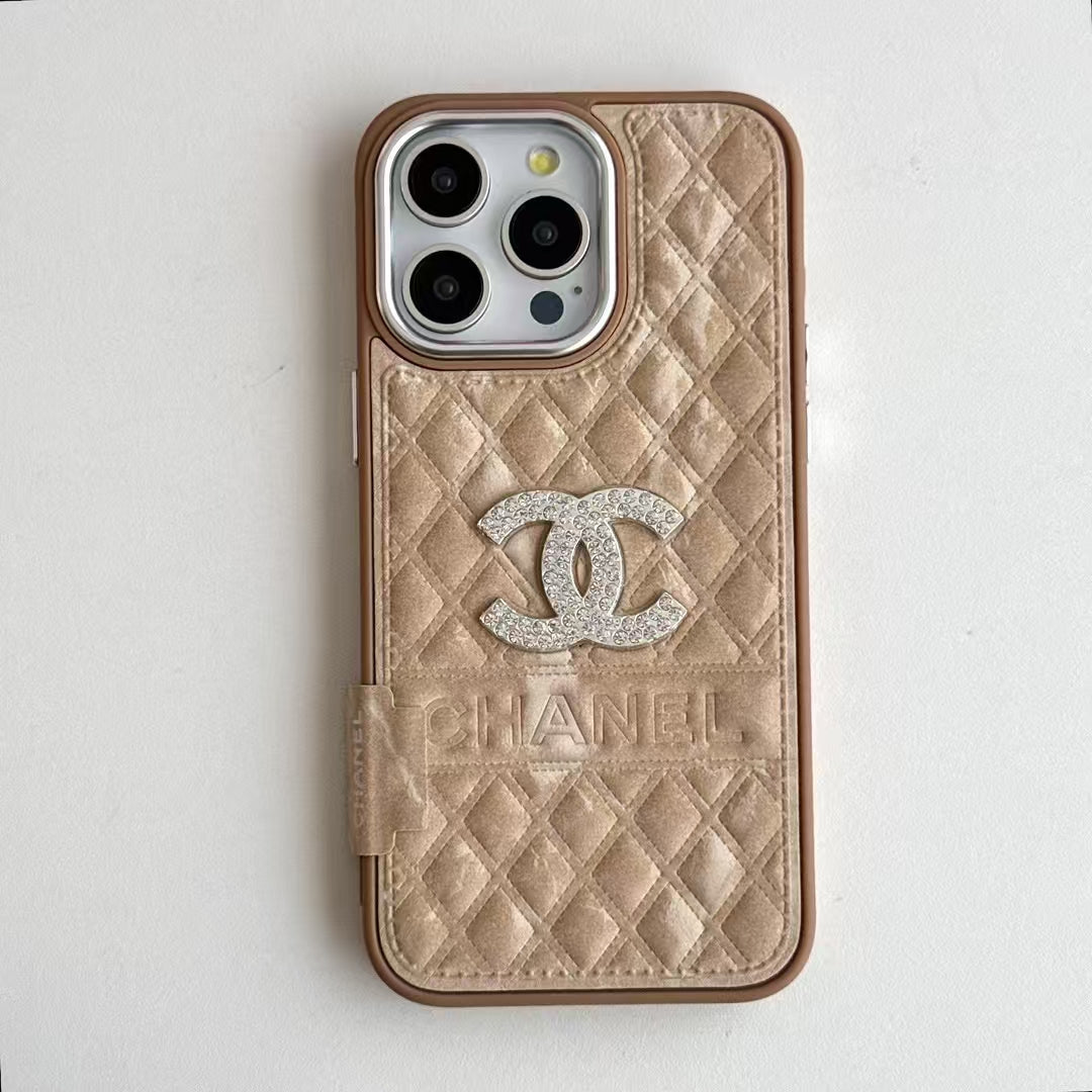 Chanel-inspired textured iPhone 16 Pro case with emblem
