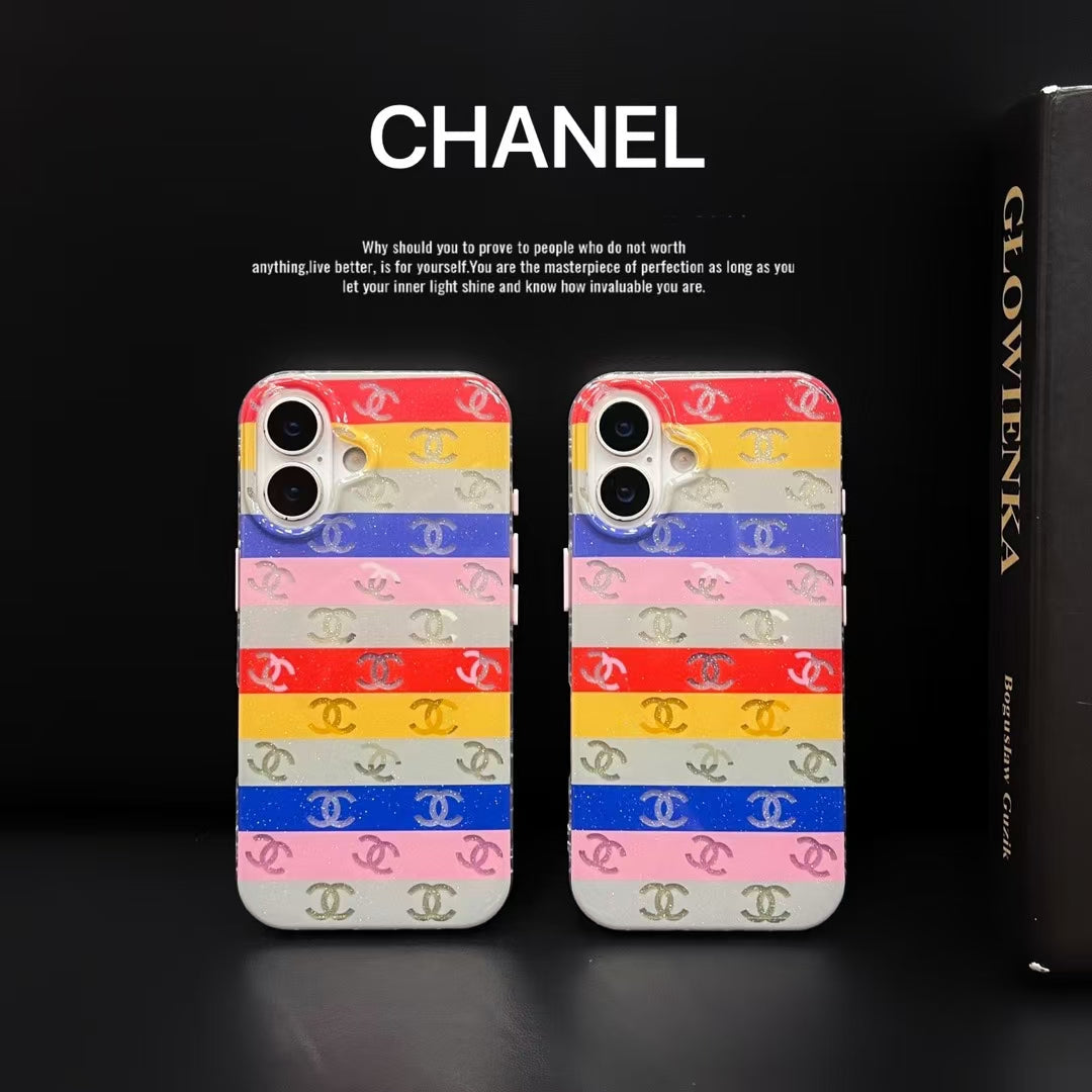 Chanel-inspired rainbow stripe iPhone 16 case