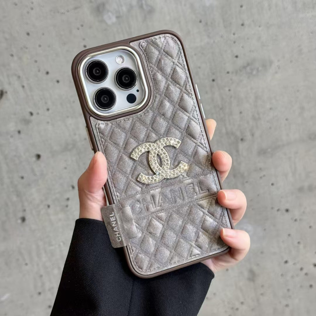 Chanel-inspired textured iPhone 16 Pro case with emblem