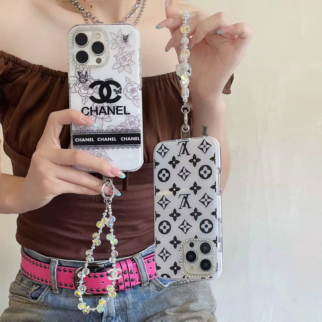 Louis Vuitton-inspired monogram iPhone 16 case with pearl detail