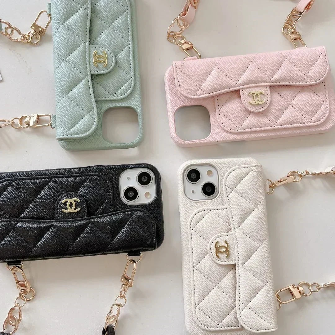 Chanel-inspired quilted phone case with beaded hand strap