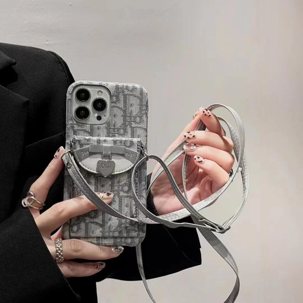 Dior-inspired patterned phone card holder with chain