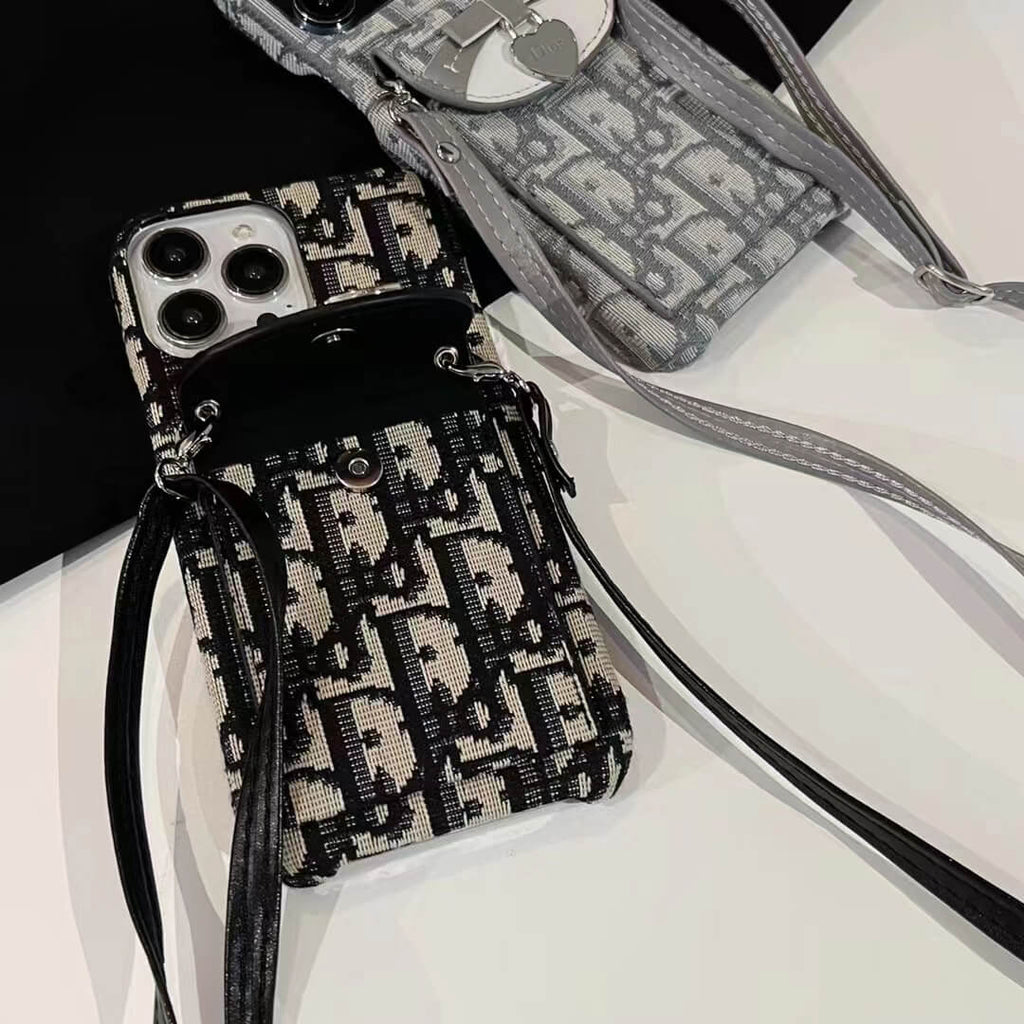 Dior-inspired patterned phone card holder with chain