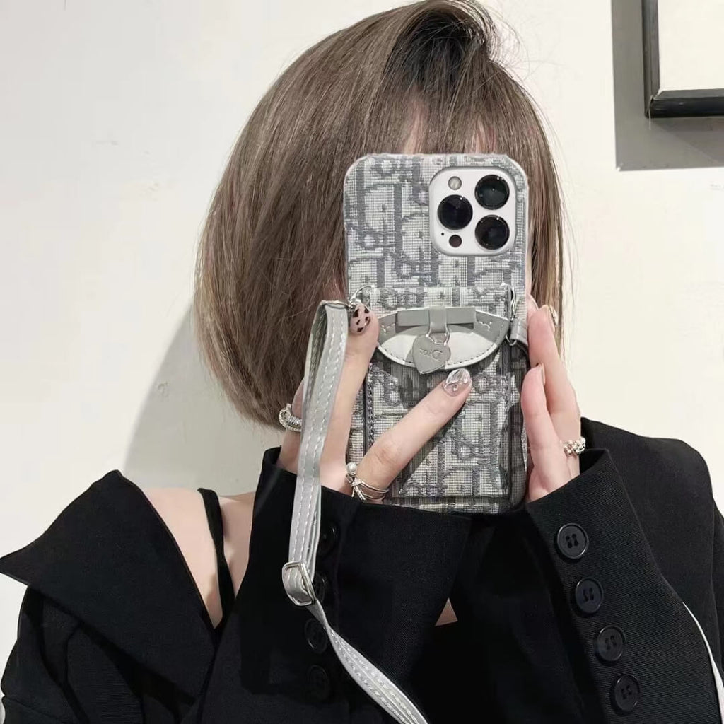 Dior-inspired patterned phone card holder with chain