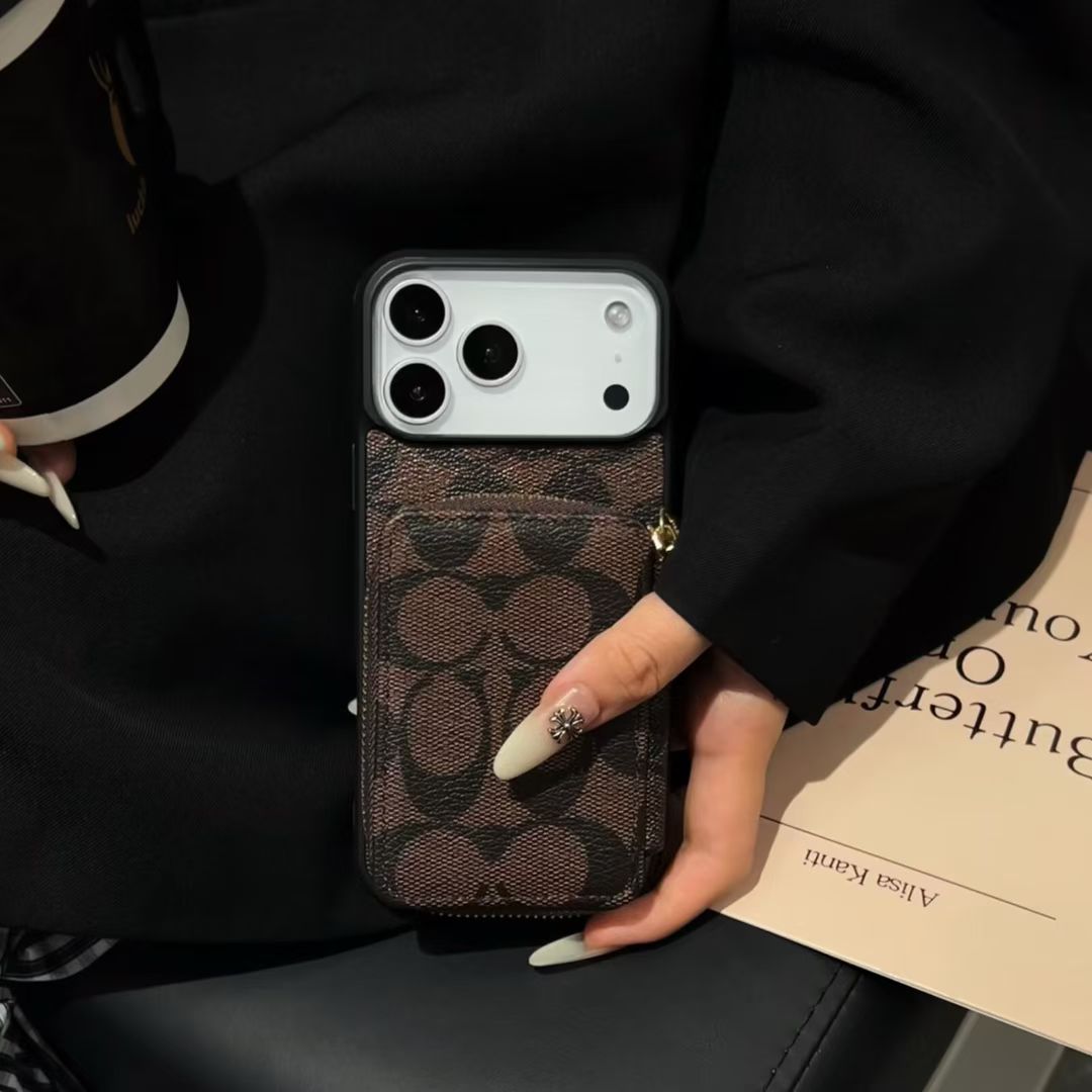 Coach-inspired fine monogram iPhone 17 case with gold-tone corners