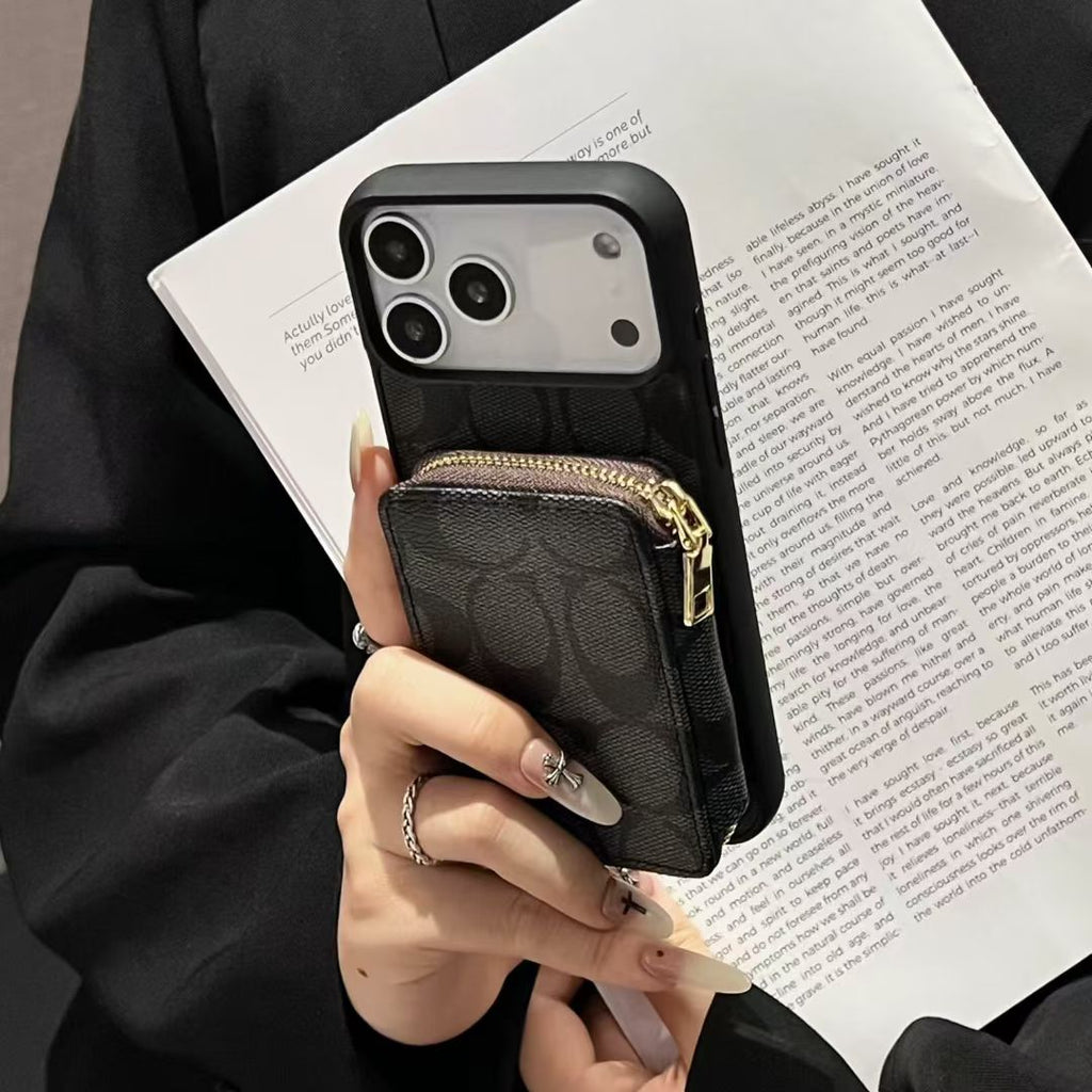 Coach-inspired fine monogram iPhone 17 case with gold-tone corners